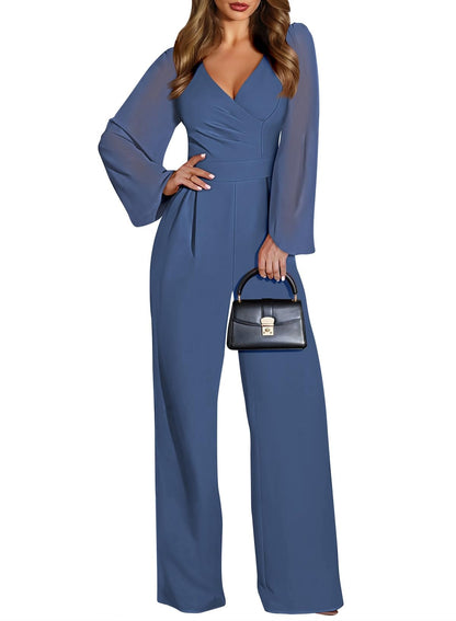 Pink Queen Jumpsuits for Women Dressy Patchwork Chiffon Sleeve V Neck Wide Leg Romper Holiday Party Outfits