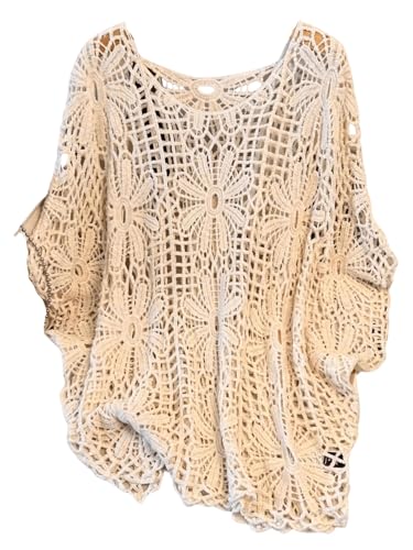MakeMeChic Women's Plus Size Boho Tops Crochet Sweater Dolman Sleeve Beach Cover Up Plus Beige 3XL