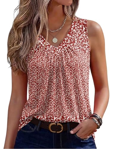 Zeagoo Womens Tank Tops Summer Sleeveless Loose Fit Tops V Neck Pleated Shirts Basic Tees Dressy Casual Trendy Flower Clothes