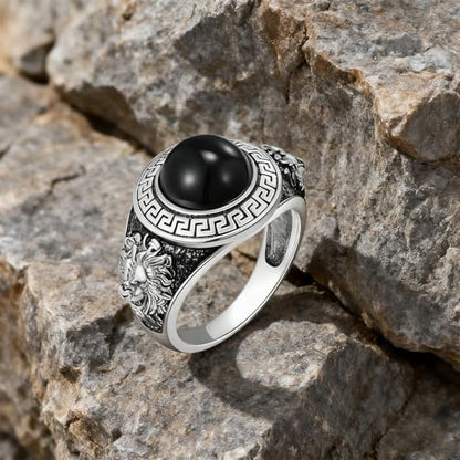QKABTI Men's 925 Sterling Silver Greek Key Lion Ring, Black Onyx Regal Statement Band for Men Size 11