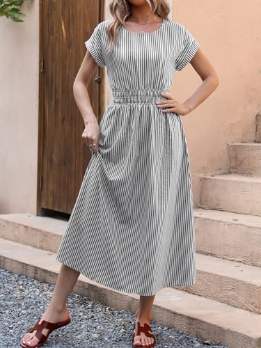 ANRABESS Womens Summer Midi Dress Striped Casual Short Sleeve Crewneck Empire Waist 2026 Flowy Long Beach Dress with Pockets Black White Stripe Medium