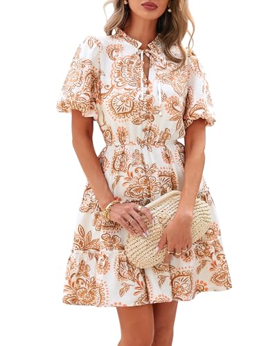 BTFBM Women Summer Floral Short Dresses V Neck Short Sleeve Tiered Ruffle Boho Swing Dress A-Line Mini Dresses(White Apricot Floral,Large)