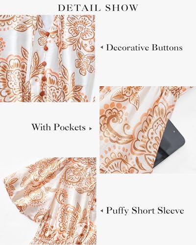 BTFBM Women Summer Floral Short Dresses V Neck Short Sleeve Tiered Ruffle Boho Swing Dress A-Line Mini Dresses(White Apricot Floral,Large)