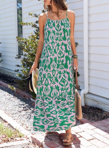 Dokotoo Beach Dresses for Women Summer Casual Maxi Dresses Scoop Neck Boho Beach Dress Sleeveless Spaghetti Strap Sexy Dress Ruffle A Line Flowy Dresses Medium Green