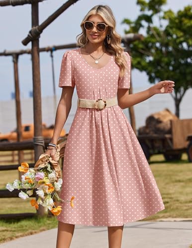 Zeagoo Pink Midi Dress Womens Casual Summer Dresses V Neck A Line Dresses Womens Beach Vacation Dress Womens Short Sleeve Sundresses Pink Dot XXL
