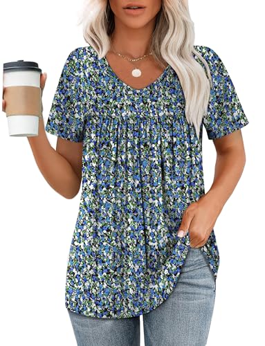 Womens Tops Dressy Casual V Neck T Shirts Ruffle Front Spring Outfits Plus Size Clothes Womens Summer Tops 2026 Fashion Clothing Loose Fit Blouses Oversized Tshirts Floral Blue 3XL