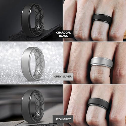 Egnaro Men's Silicone Wedding Rings, 8.5mm Wide 2mm Thick Breathable Inner Arc Rubber Bands, Hypoallergenic Flexible Rings for Gym, Work, Construction, Electrical & Outdoor, Gift for Men, 1-7 Pack