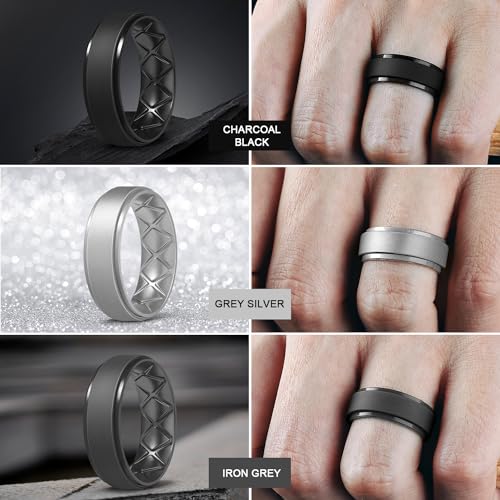 Egnaro Men's Silicone Wedding Rings, 8.5mm Wide 2mm Thick Breathable Inner Arc Rubber Bands, Hypoallergenic Flexible Rings for Gym, Work, Construction, Electrical & Outdoor, Gift for Men, 1-7 Pack