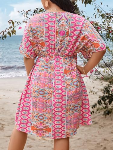 Floerns Women's Plus Size Wrap V Neck Short Sleeve Ruffle Hem A Line Short Dress Pink Tribal 2XL