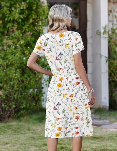 Zeagoo Womens Midi Dresses with Pockets Short Sleeve Dress for Women Long Summer Dresses 2026 Travel Floral Sundress White XL