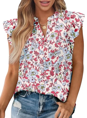 Zenlonr Womens Dressy Casual Tops 2026 Summer Ruffle Cap Sleeve V Neck Shirts Boho Floral Blouses Vacation Outfits(Floral Beige Multi,Large)