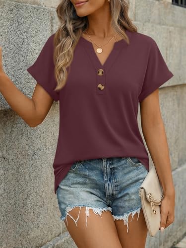 AUTOMET Womens Spring Tops 2026 Short Sleeve Shirts Henley Dressy Casual Blouses V Neck Fashion Tunics Trendy Flowy Clothing Burgundy L