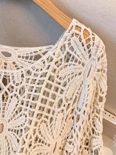 MakeMeChic Women's Plus Size Boho Tops Crochet Sweater Dolman Sleeve Beach Cover Up Plus Beige 3XL