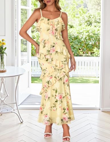 MEROKEETY Summer Floral Wedding Guest Maxi Dress Womens 2026 Spring Formal Bodycon Ruffle Spaghetti Strap Cocktail Long Dress, Yellow, X-Small