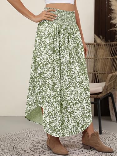 ANRABESS Women's Maxi Skirts Summer Boho Floral High Waisted Flowy Swing Pleated Beach Long Skirt with Pockets Green Large