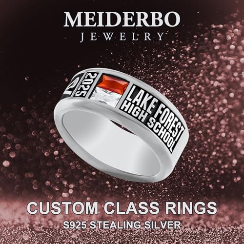 MEIDERBO Personalized Class Ring High School College Custom Birthstone Ring 925 Sterling Silver Engraved 2025 Graduation Jewelry Gift for Men Size 4-15