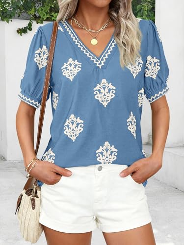 BTFBM Casual Summer T Shirts Going Out Tops for Women Beach Vacation Clothes Short Sleeve Blouses V Neck Boho Tunicss(Light Blue Apricot Flower,Large)