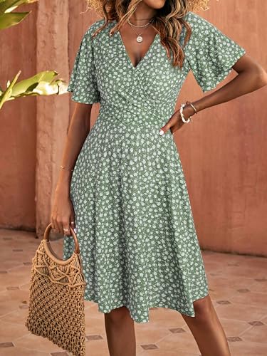 FENSACE Summer Dresses for Women 2026 Casual Lightweight Fit and Flare Green Floral Spring Baby Shower Dress(Floral-32,Large)