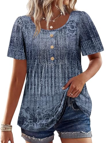 Boho Tops for Women Plus Size Fashion Clothing Babydoll Short Sleeve Shirts Dressy Casual Blouses Tuck Pleated Business Work Clothes Navy M