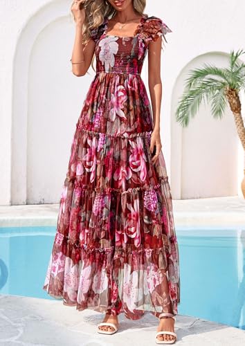 PRETTYGARDEN Women's Summer Tulle Midi Dress Sleeveless Smocked Ruffle Flowy Mesh Dresses Party Wedding Guest Sundress (Floral Brown Pink,Medium)