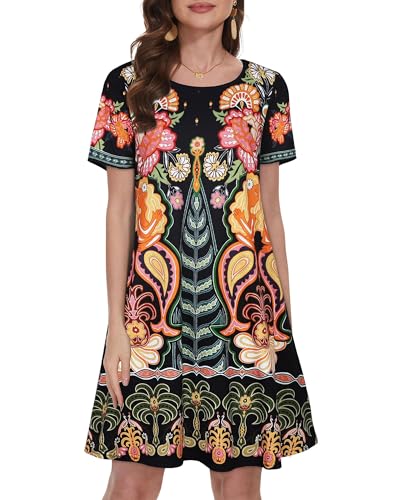 elescat Sun Dress Cotton Loose Fit Short Sleeve Sundress Women Fashion Swing Tunic Dress (Yellow Flower,L)