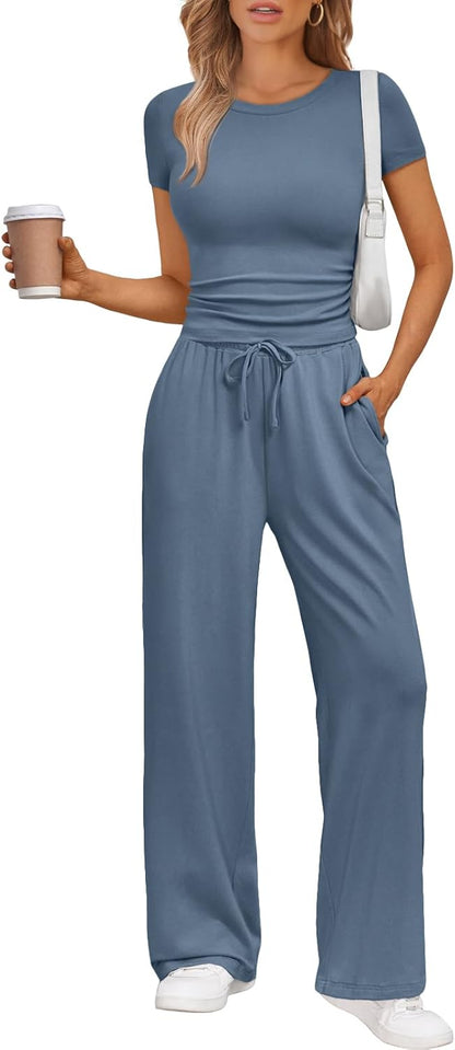 Women's 2 Piece Matching Sweatsuit Wide Leg Pants Crop Top Set