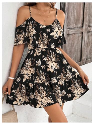 SOLY HUX Women's Boho Floral Print Cold Shoulder Dress Short Sleeve Ruffle A Line Vacation Elegant Mini Dresses Black Large