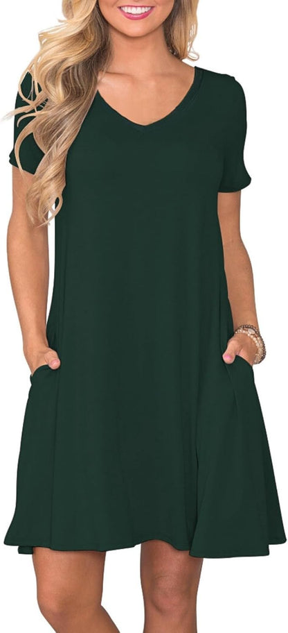 Women's Casual T-Shirt Dress Short Sleeve Summer Swing Dress with Pockets Medium Dark Green