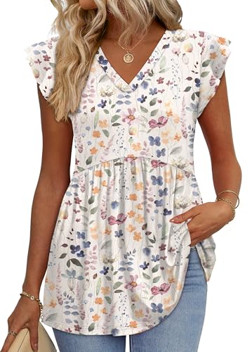 WIHOLL Ruffle Sleeve Tops for Women 2026 Trendy Summer Spring Outfits Babydoll Shirts Dressy Casual Lightweight Blouses Vacation Clothes Floral S