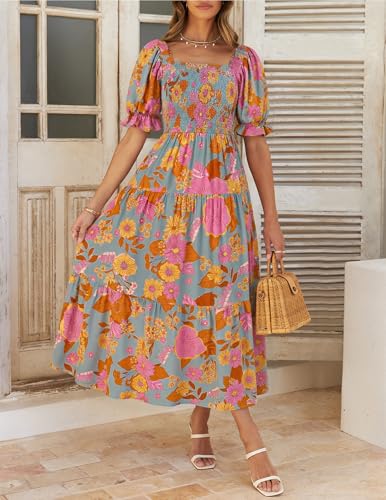 ZESICA Women's 2025 Summer Boho Floral Print Square Neck Ruffle Swing Beach Long Maxi Dress,GreyGreen,Large