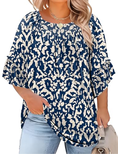 Women's Plus-Size Fashion 2025 Trendy Womens 3/4 Sleeve Tops and Blouses Ruffle Bell Sleeve Pleated Dressy Casual Tops