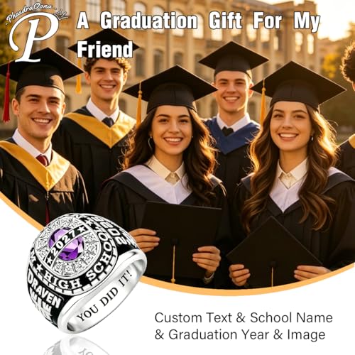 PhaedraOona Class Rings 925 Sterling Silver Personalized Men's Class Ring - Custom Graduation Ring - Perfect High School Graduation Gift for 2026 (Gem Halo-Gold)
