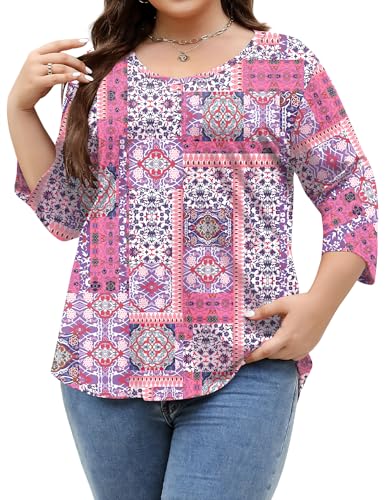 TFSDOD Womens Spring Fashion 2026 Plus Size Tops Women's V Neck Long Sleeve T Shirt Printed Tees Pink Boho XXL