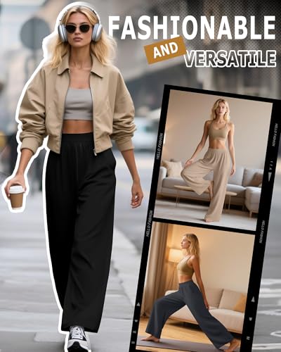 Huukeay 3 Pack Women's Lounge Pants, Cozy Wide Leg Lounge Slacks with Pockets Loose Flowy Yoga Sweatpant Workout Comfy Jogger(Black, Charcoal Gray, Khaki,X-Large)