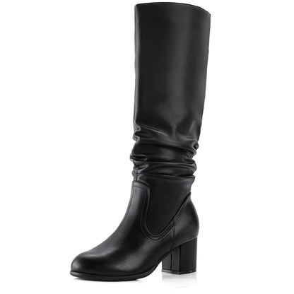 Shoe'N Tale Women's Knee High Boots Chunky Heel Pointed Toe Suede Slouch Winter Shoes with Side Zipper