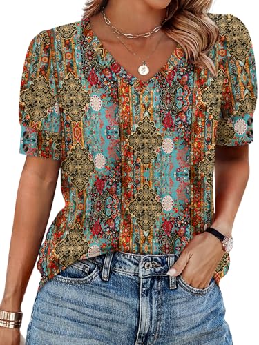 Womens Blouses Dressy Casual Short Sleeve Shirts Spring Business Work Floral Summer Tops Plus Size Fashion Clothing V Neck Tshirts Grey 2XL