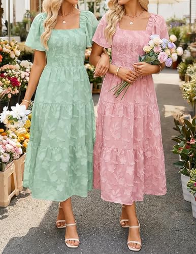 ZESICA Women‘s Summer Boho Floral Midi Dress 2026 Casual Short Sleeve Square Neck Flowy Beach Vacation Long Dress,Pink,Small
