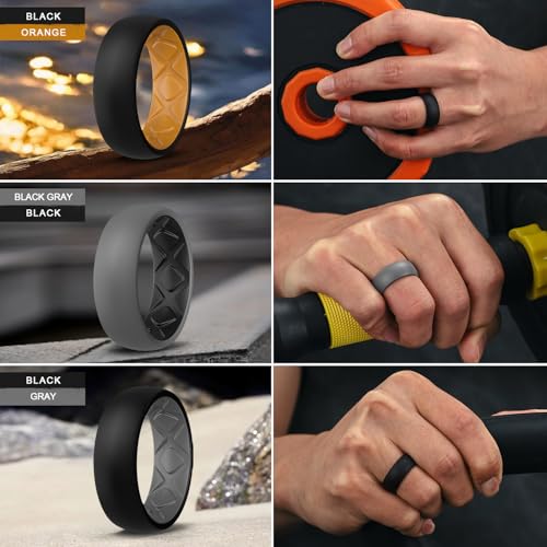 Egnaro Silicone Ring Men 1/4/5/6/7 Multipack of Breathable Mens Silicone Rubber Wedding Rings Bands with Air Flow Grooves