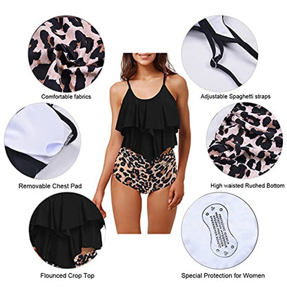 Womens High Waisted Bathing Suits Flounce Halter Tank Top Bikini Bottoms Tummy Control Modest Swimwear Two Piece Swimsuits Tankini Leopard L