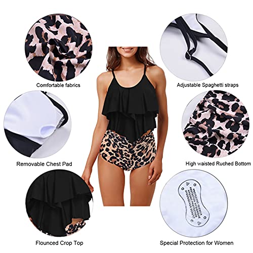Womens High Waisted Bathing Suits Flounce Halter Tank Top Bikini Bottoms Tummy Control Modest Swimwear Two Piece Swimsuits Tankini Leopard L