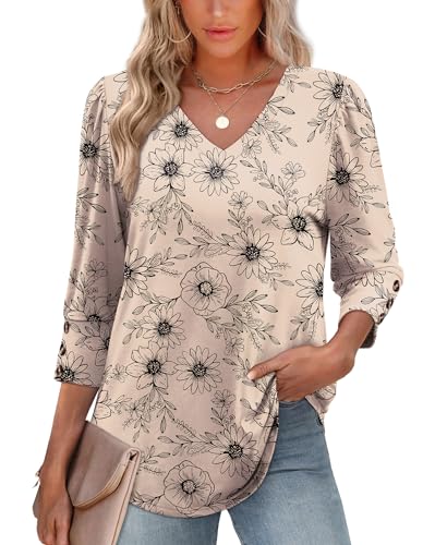 XIEERDUO Womens Tops Dressy Casual V Neck Summer School Outfits 3/4 Length Sleeve Tops Floral Blouses Beach Vacation Early Fall Fashion Clothes 2026 F-Khaki Ink Floral XL