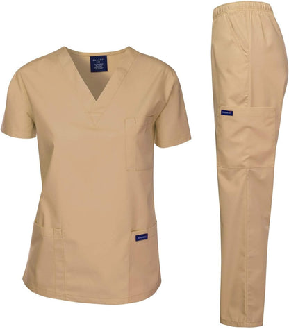 Medical Scrubs Set Unisex - V-Neck Top and Elastic Waist Pants Uniform for Healthcare Workers Khaki