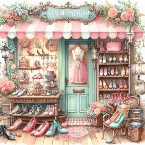 Accompany Wind Shoe Shop Diamond Art Kits for Adults, 5D Diamond Painting Kits for Beginners,DIY Round Full Drill Diamonds Gem Art Crafts for Home Wall Decor Gifts 14x14 Inch