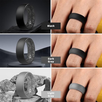 Egnaro Men's Silicone Rings 8mm Wide 2.5mm Thick, Multipack Ergonomic Rubber Wedding Bands For Him, Breathable Grooves For Workout