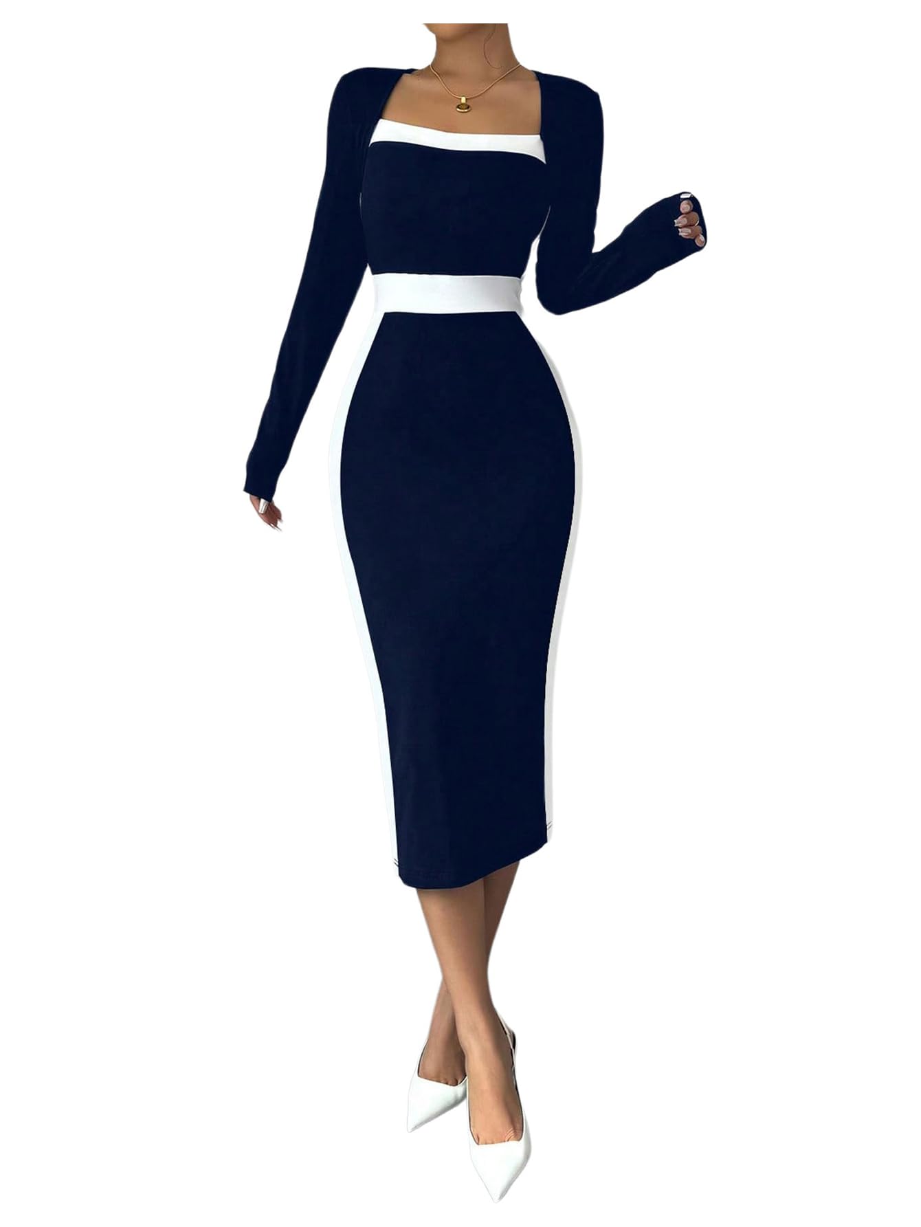 Women Midi Dress - Color Block Square Neck Long Sleeve Bodycon Dress