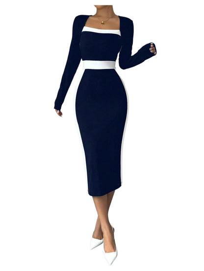 Women Midi Dress - Color Block Square Neck Long Sleeve Bodycon Dress