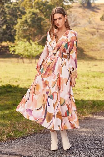 PRETTYGARDEN Women's Floral Midi Dress Casual Fall V Neck Long Sleeve Flowy Spring Beach Wedding Guest Vacation Dresses (Pink Watercolour,Large)