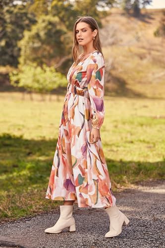 PRETTYGARDEN Women's Floral Midi Dress Casual Fall V Neck Long Sleeve Flowy Spring Beach Wedding Guest Vacation Dresses (Pink Watercolour,Large)
