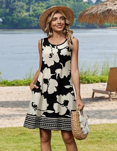 Zeagoo Spring Dresses for Women Sleeveless Summer Floral Dress A-Line Flowy Beach Sundress with Pocket Short Dresses