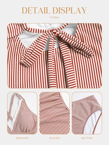 ZAFUL Womens Tankini Bathing Suits Modest Two Piece Swimsuit Smocked Push Up Slimming Tankinis with High Waisted Full Coverage Bottom Adjustable Straps Ruched Tummy Control Swimwear Red Striped L